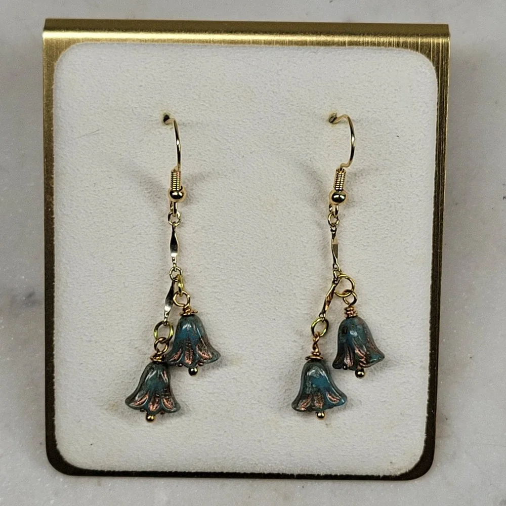 Blue Lily Flower Dangle Drop Earrings Handmade Beaded Whimsical Fairy Boho NEW